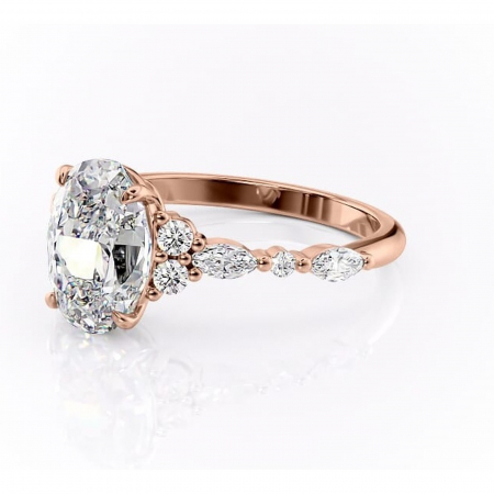 Inel de logodnă Rosamund din aur Rose 14kt cu moissanite tăietură ovală – Pietre laterale rafinată pentru profil mediu | Personalizează și configurează gratuit online [6]