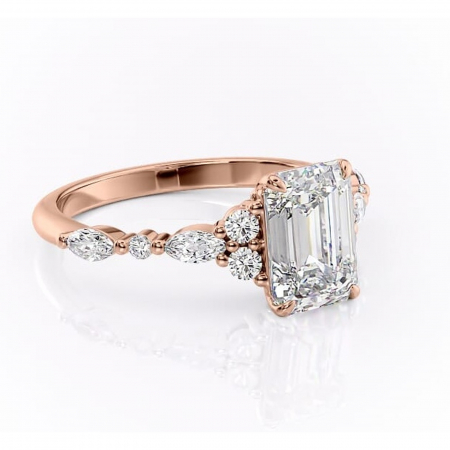 14K - Inel de logodnă Rosamund din aur Rose 14kt cu moissanite tăietură smarald – Pietre laterale rafinată pentru profil mediu | Personalizează și configurează gratuit online