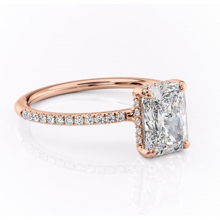 14K - Inel de logodnă Sapphire din aur Rose 14kt cu moissanite tăietură radiantă – Montură pavé rafinată pentru profil înalt | Personalizează și configurează gratuit online