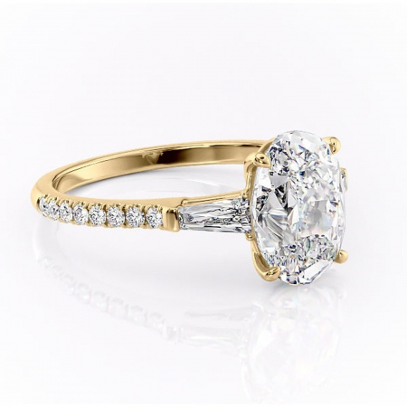 Aur galben - Inel de logodnă Theodora din aur Galben 18kt cu moissanite tăietură ovală – Montură cu trei pietre rafinată pentru profil înalt | Personalizează și configurează gratuit online