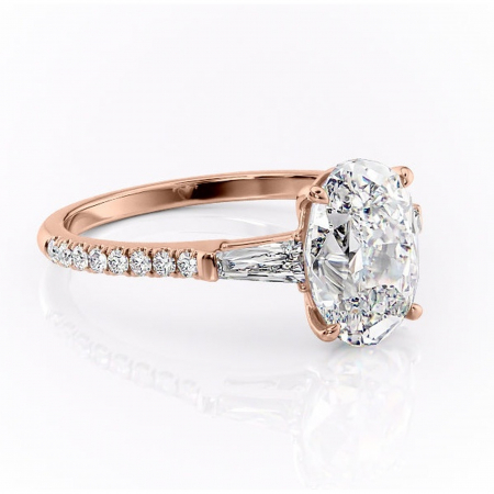 Aur roz - Inel de logodnă Theodora din aur Rose 18kt cu moissanite tăietură ovală – Montură cu trei pietre rafinată pentru profil înalt | Personalizează și configurează gratuit online