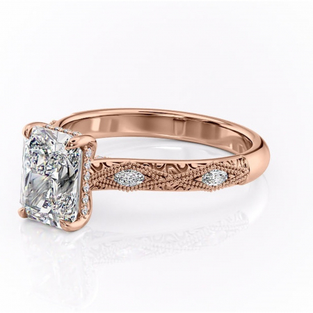 Inel de logodnă Vespera din aur Rose 14kt cu moissanite tăietură radiantă – Pietre laterale rafinată pentru profil înalt | Personalizează și configurează gratuit online [6]
