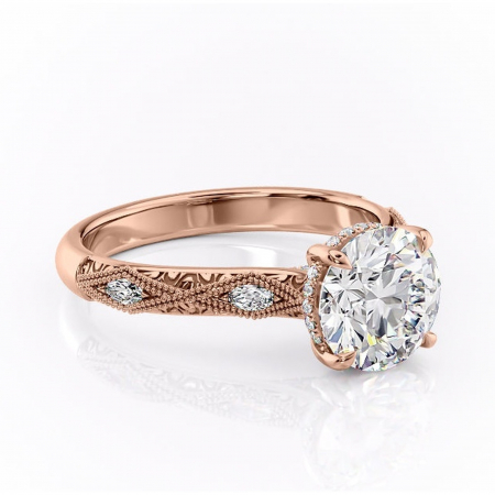Aur roz - Inel de logodnă Vespera din aur Rose 14kt cu moissanite tăietură rotundă – Pietre laterale rafinată pentru profil înalt | Personalizează și configurează gratuit online