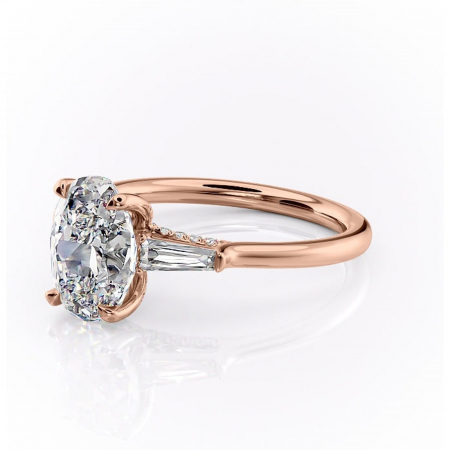 Inel de logodnă Ysella din aur Rose 14kt cu moissanite tăietură ovală – Montură cu trei pietre rafinată pentru profil înalt | Personalizează și configurează gratuit online [6]