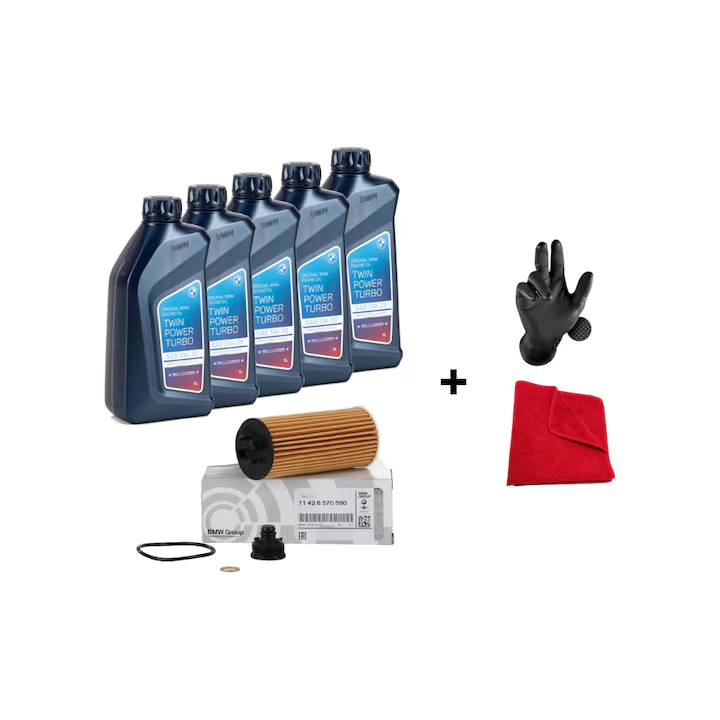 Pachet Revizie, 5 Buc, Ulei motor Bmw Twin Power Turbo 5W-30 1L, Filtru Ulei Bmw, 83212465849, 11428570590, Laveta din Microfibra, Profesionala, 30x30 cm, 1 pereche manusi [1]