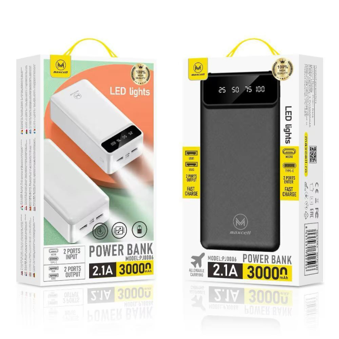 Baterie externa, Power bank cu display LED si lanterna 30000 mAh, Maxcell, Negru [3]