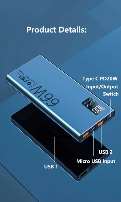 Baterie externa Super Fast Charge, 66W, Led digital, Capacitate 20.000mAh, Negru [5]