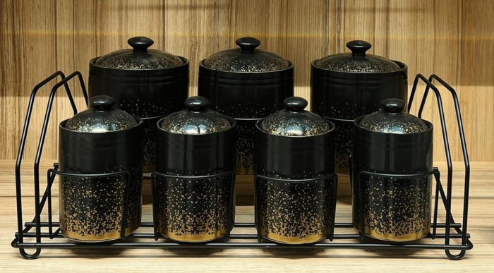 Set 7 Recipiente pentru Condimente din Portelan cu Suport de Metal [2]