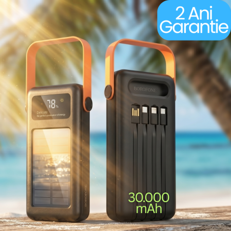 Produse - Baterie Externă Borofone DBT17, 30.000 mAh, Încărcare Solară și prin Cablu, 4 Porturi USB + Cabluri Integrate, Afișaj Procentual