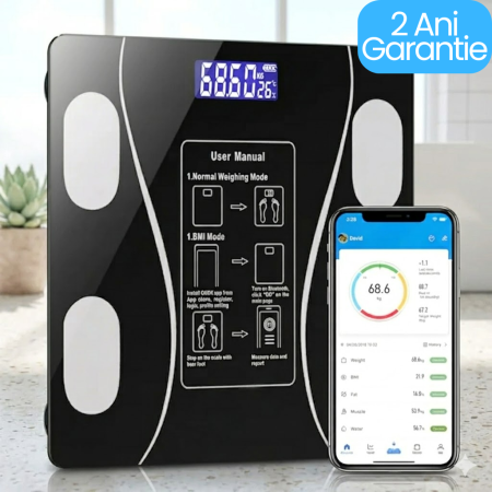Produse - Cântar Electronic Inteligent pentru Corp cu Bluetooth, Aplicație OKOK, Tehnologie BIA, 19 Indici Corporali, Senzor Temperatură, Maxim 180kg, Negru