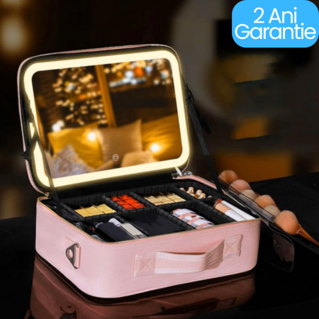 Produse - Geantă Cosmetică Profesională cu Oglindă LED, 3 Moduri de Lumină și Compartimente Reglabile