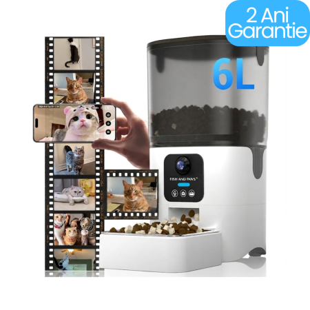 Pet Shop - Hrănitor Automat Smart pentru Câini și Pisici Fish & Paws, Capacitate 6L, WiFi Dual 5G/2.4G, Cameră Live 1080p Full HD, Audio Bidirecțional, Bol Inox, Alb