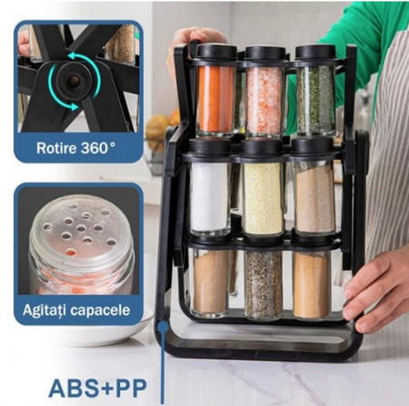 Organizator condimente rotativ cu 18 borcane din sticla – design premium [1]