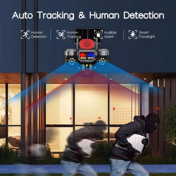 Camera de securitate solara, cu consum redus – 4G, AI, 3 lentile si 3 ecrane, 12 Mp + card 64 Gb [5]