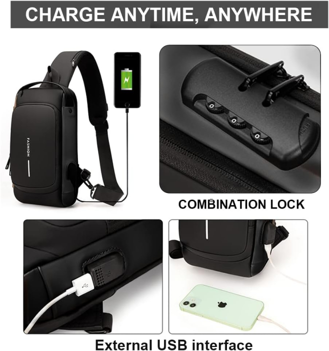 Geantă Casual Sport Antifurt cu Cifru și Port USB – Gri & Maro [4]