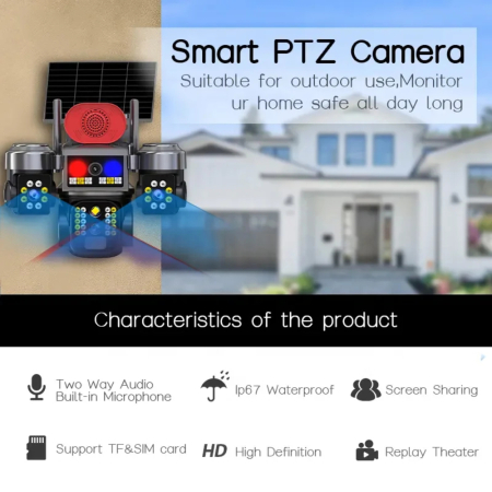 Camera de securitate solara, cu consum redus – 4G, AI, 3 lentile si 3 ecrane, 12 Mp + card 64 Gb [7]