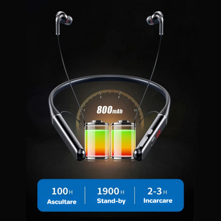 Casti wireless - Căști Over-the-Neck Bluetooth - 100h Autonomie & Sunet Premium