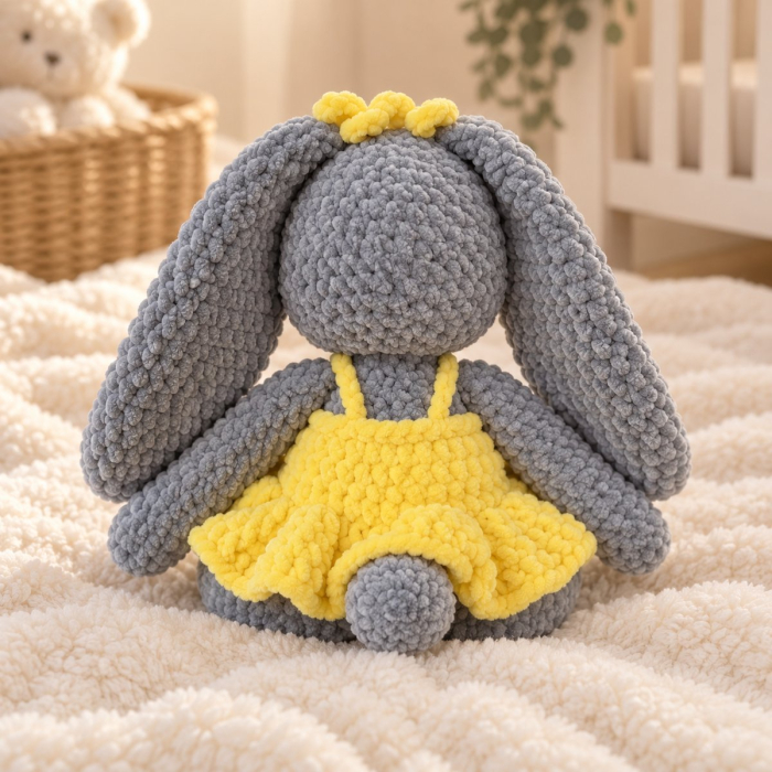 Iepuraș croșetat manual Lala gri cu rochiță galbenă, 35 cm [5]