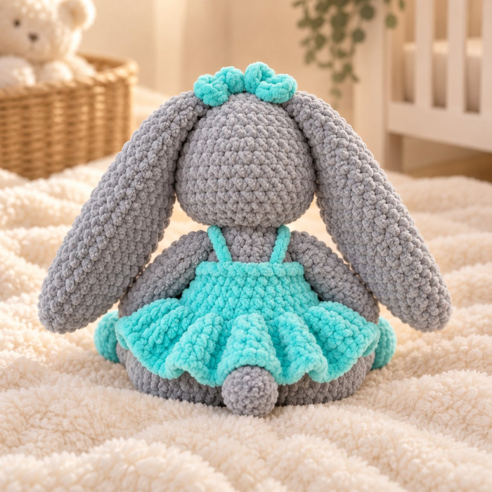 Iepuraș croșetat manual Lala gri cu rochiță turcoaz, 35 cm [5]