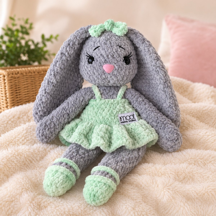 Iepuraș croșetat manual Lala gri cu rochiță verde, 35 cm [2]