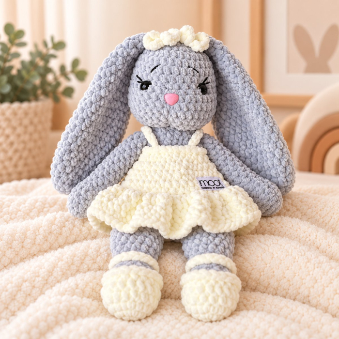 Iepuraș croșetat manual Lala gri cu rochiță crem, 35 cm [4]
