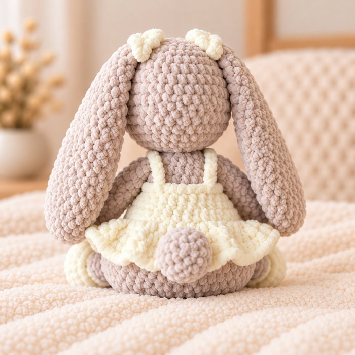 Iepuraș croșetat manual Lala bej cu rochiță crem, 35 cm [5]