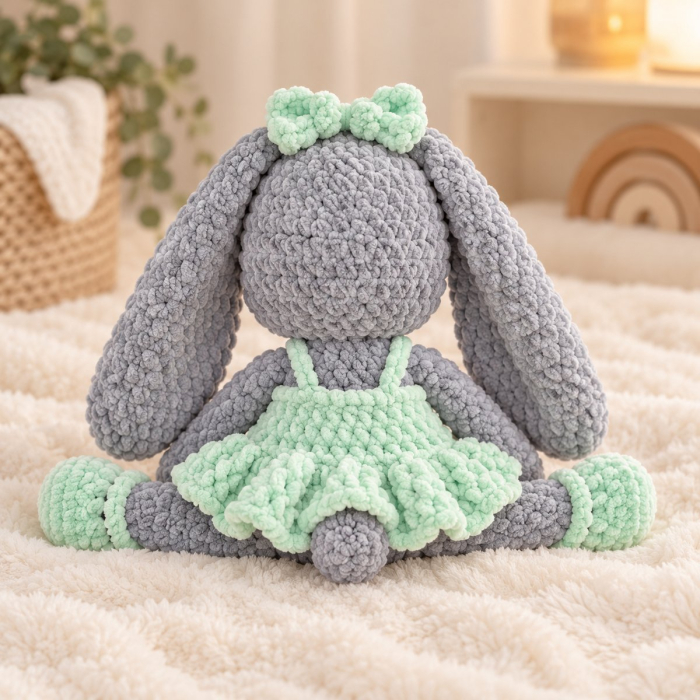 Iepuraș croșetat manual Lala gri cu rochiță verde, 35 cm [5]