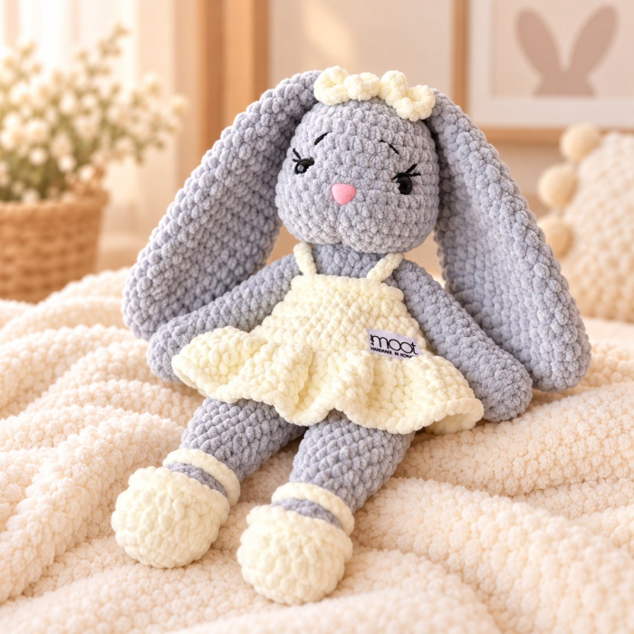 Iepuraș croșetat manual Lala gri cu rochiță crem, 35 cm [2]