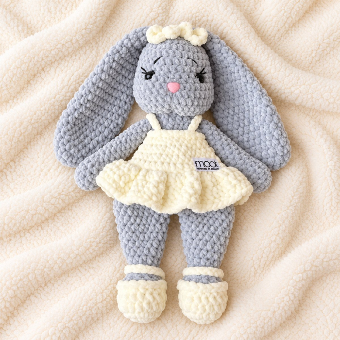 Iepuraș croșetat manual Lala gri cu rochiță crem, 35 cm [3]
