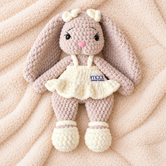 Iepuraș croșetat manual Lala bej cu rochiță crem, 35 cm [3]