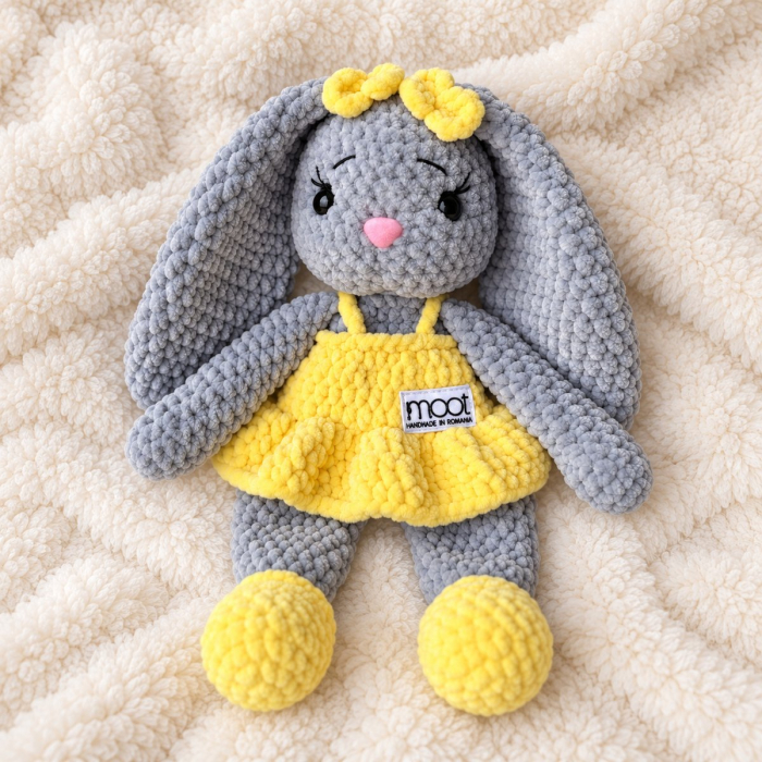 Iepuraș croșetat manual Lala gri cu rochiță galbenă, 35 cm [3]