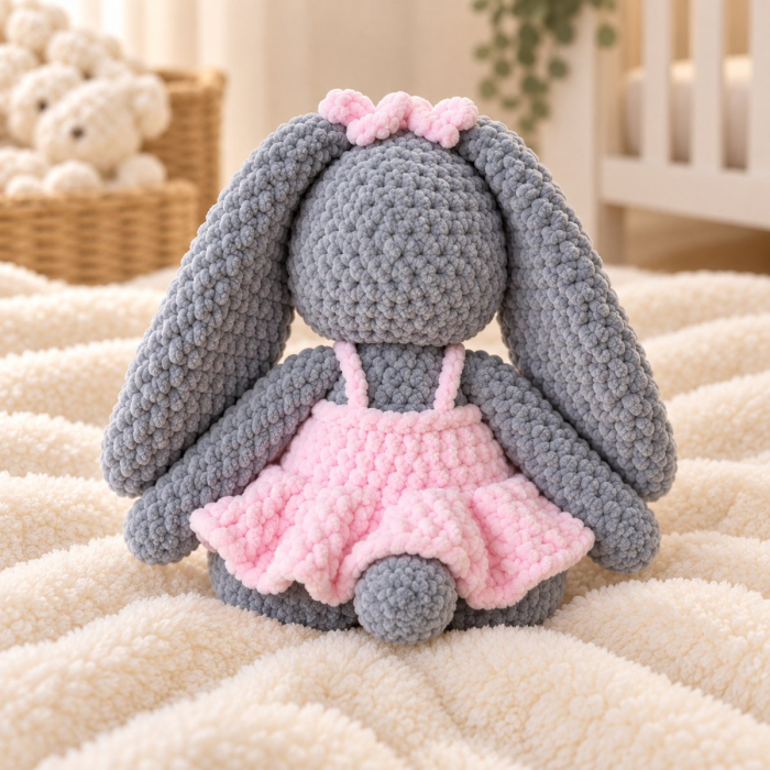 Iepuraș croșetat manual Lala gri cu rochiță roz, 35 cm [5]