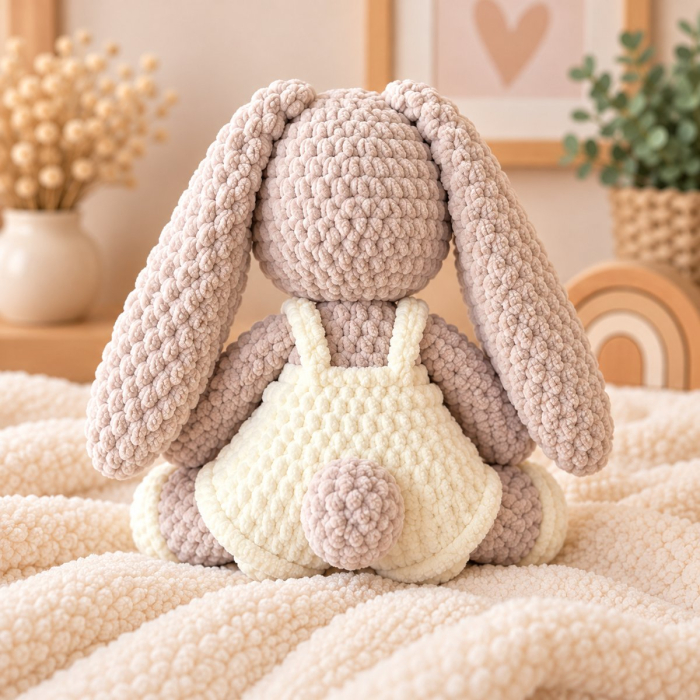 Iepuraș croșetat manual Lulu bej cu salopetă crem, 35 cm [5]