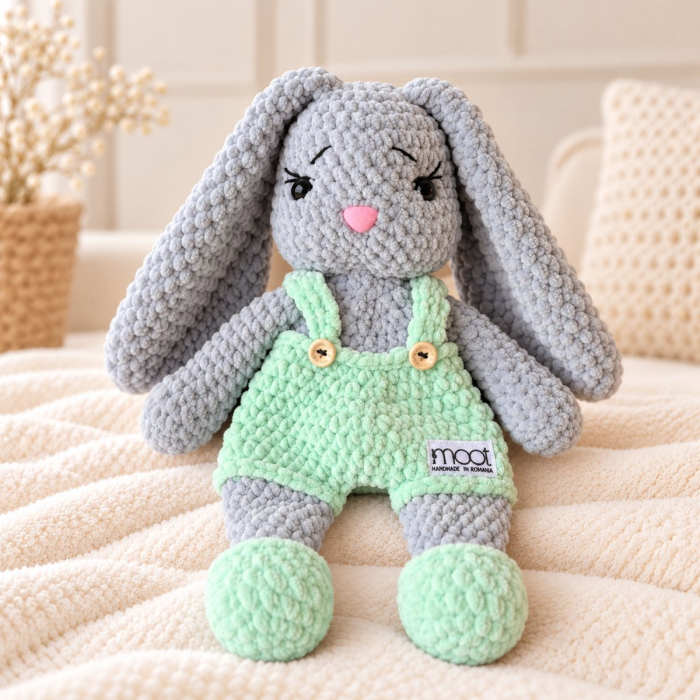 Iepuraș croșetat manual Lulu gri cu salopetă verde, 35 cm [4]