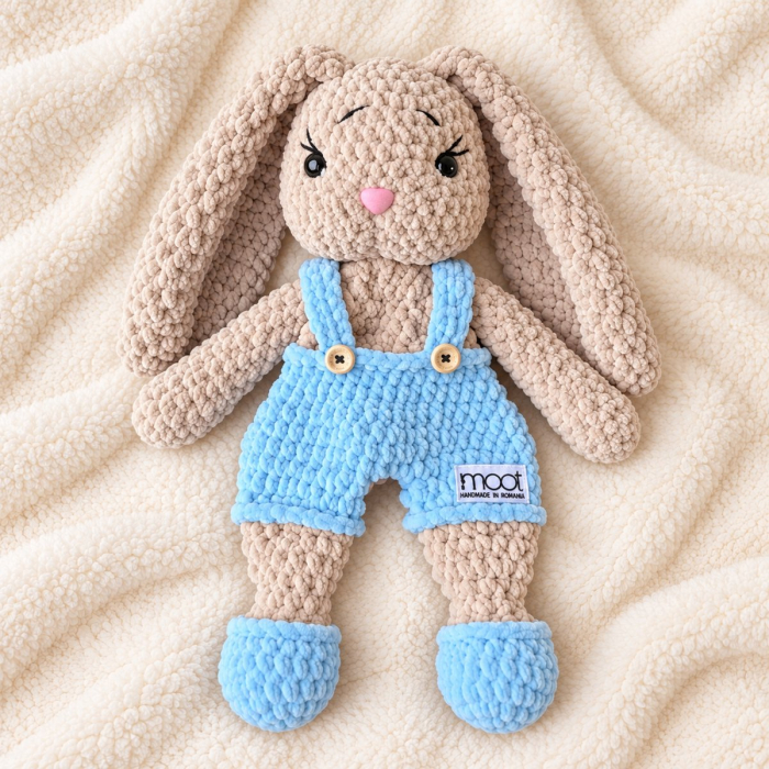 Iepuraș croșetat manual Lulu bej cu salopetă bleu, 35 cm [3]