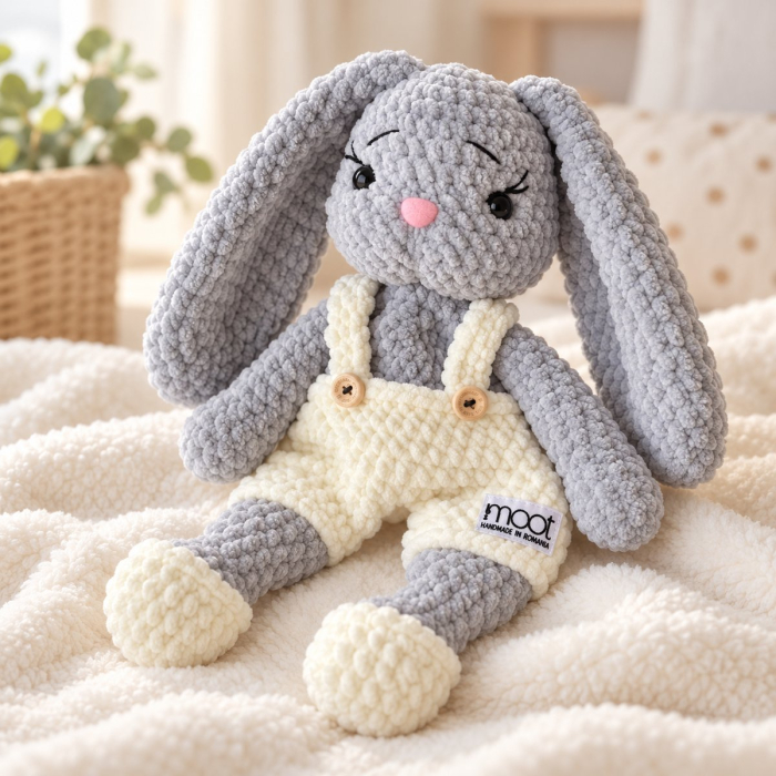 Iepuraș croșetat manual Lulu gri cu salopetă crem, 35 cm [2]