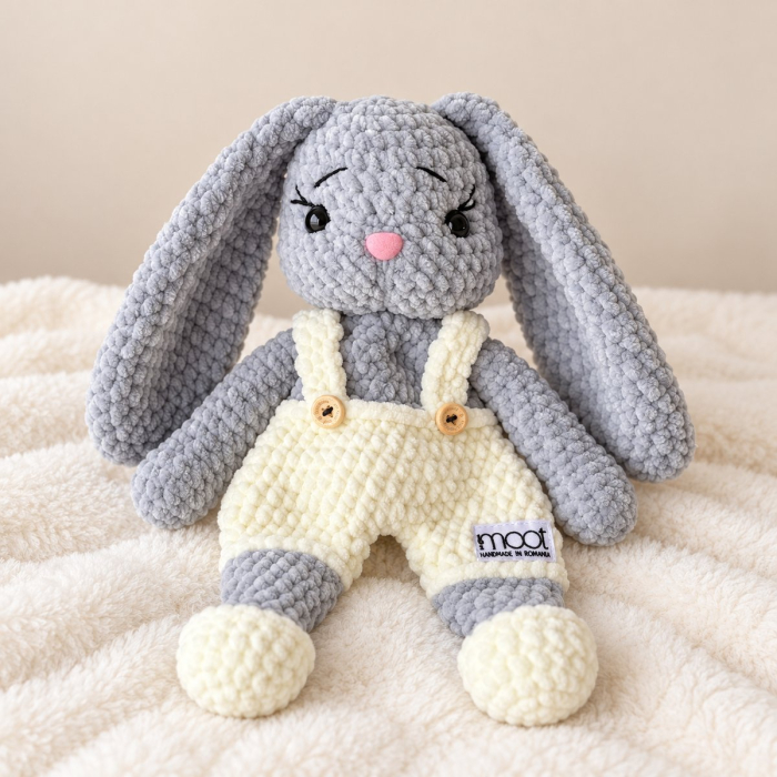 Iepuraș croșetat manual Lulu gri cu salopetă crem, 35 cm [4]