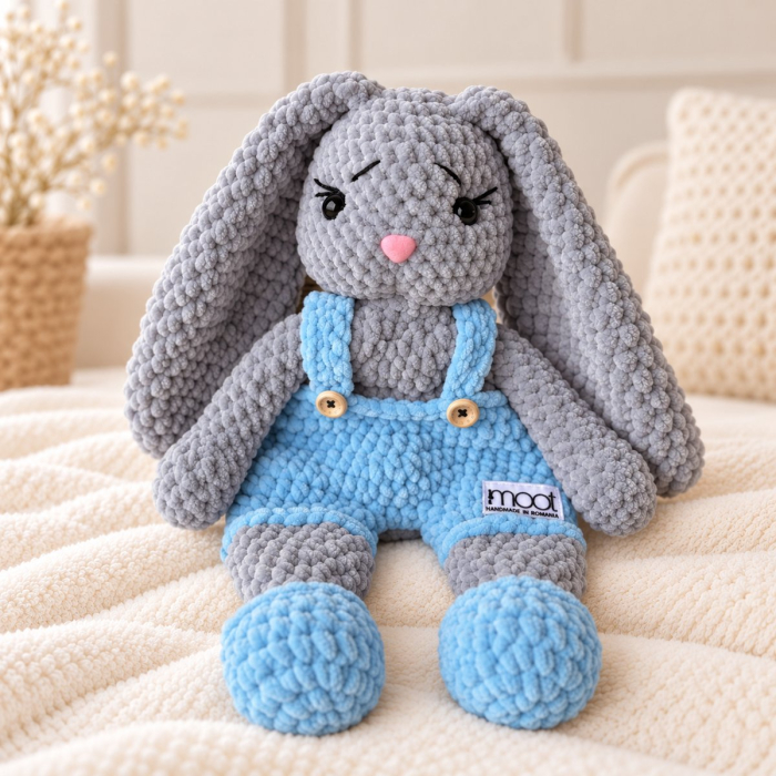 Iepuraș croșetat manual Lulu gri cu salopetă bleu, 35 cm [4]