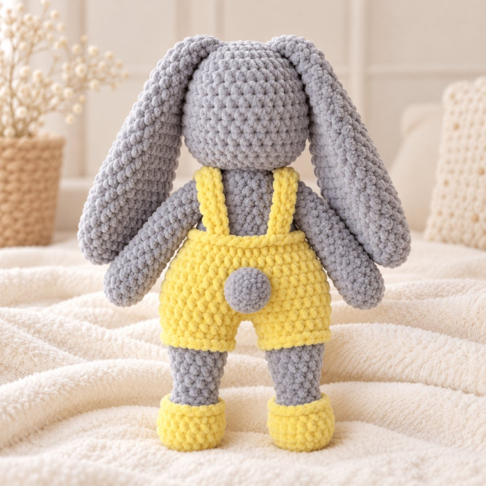 Iepuraș croșetat manual Lulu gri cu salopetă galbenă, 35 cm [5]
