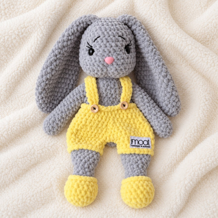 Iepuraș croșetat manual Lulu gri cu salopetă galbenă, 35 cm [3]