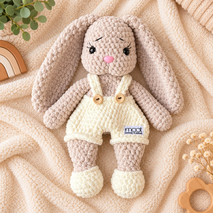 Iepuraș croșetat manual Lulu bej cu salopetă crem, 35 cm [3]