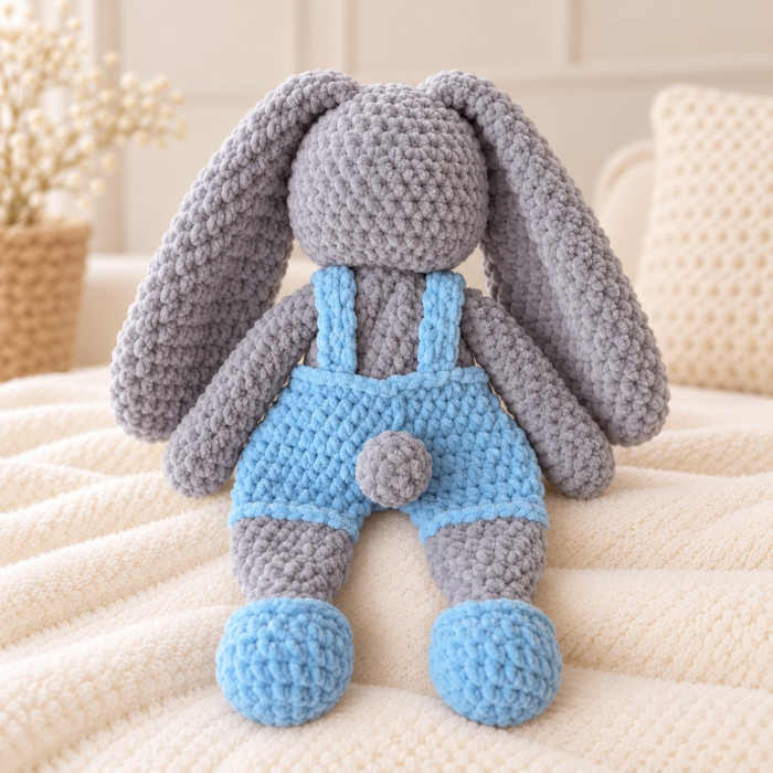 Iepuraș croșetat manual Lulu gri cu salopetă bleu, 35 cm [5]