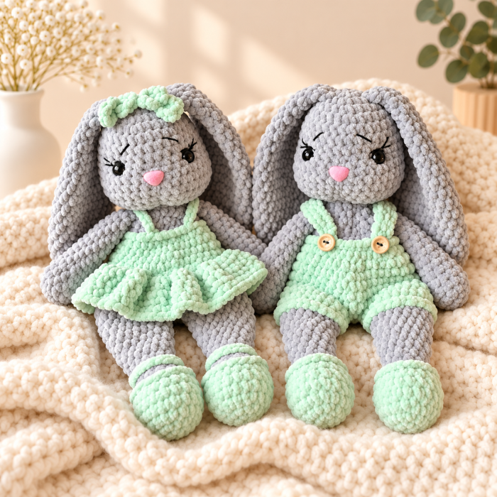 Set iepurași croșetați manual Lala și Lulu, jucării de pluș 35 cm + carte cadou – MOOT Concept [2]