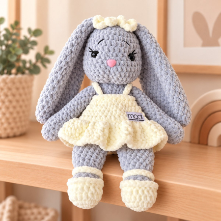 Iepurași - Iepuraș croșetat manual Lala gri cu rochiță crem, 35 cm