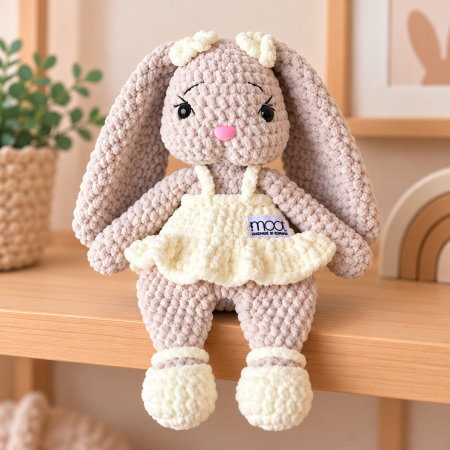 Iepurași - Iepuraș croșetat manual Lala bej cu rochiță crem, 35 cm