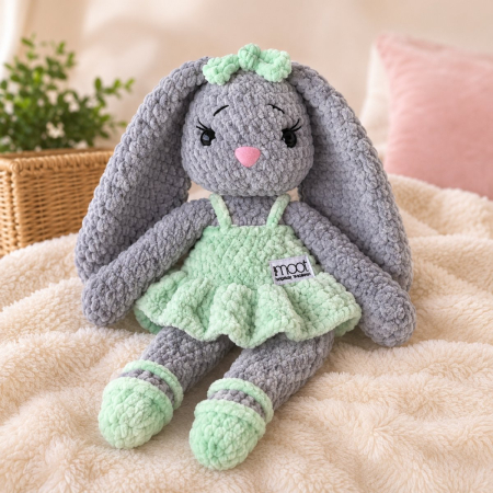 Iepuraș croșetat manual Lala gri cu rochiță verde, 35 cm [1]