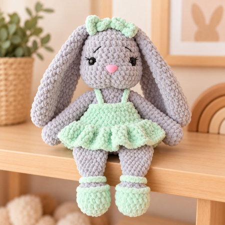 Iepurași - Iepuraș croșetat manual Lala gri cu rochiță verde, 35 cm