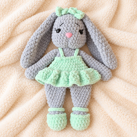 Iepuraș croșetat manual Lala gri cu rochiță verde, 35 cm [2]