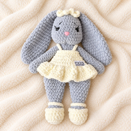 Iepuraș croșetat manual Lala gri cu rochiță crem, 35 cm [2]