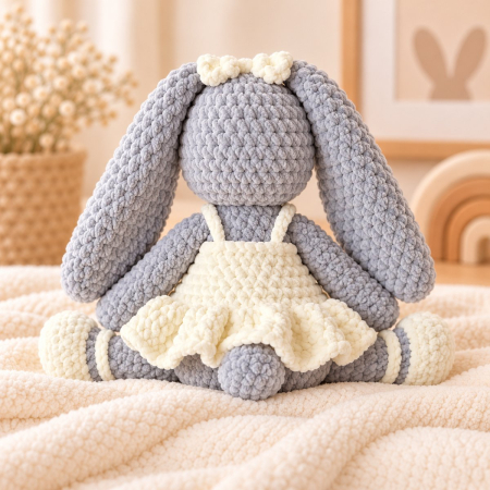 Iepuraș croșetat manual Lala gri cu rochiță crem, 35 cm [4]
